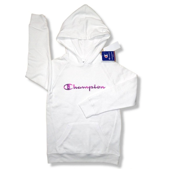 Champion Girls Tie Dye Script Logo Hoodie Size M White Fleece Sweatshirt New - Picture 1 of 8
